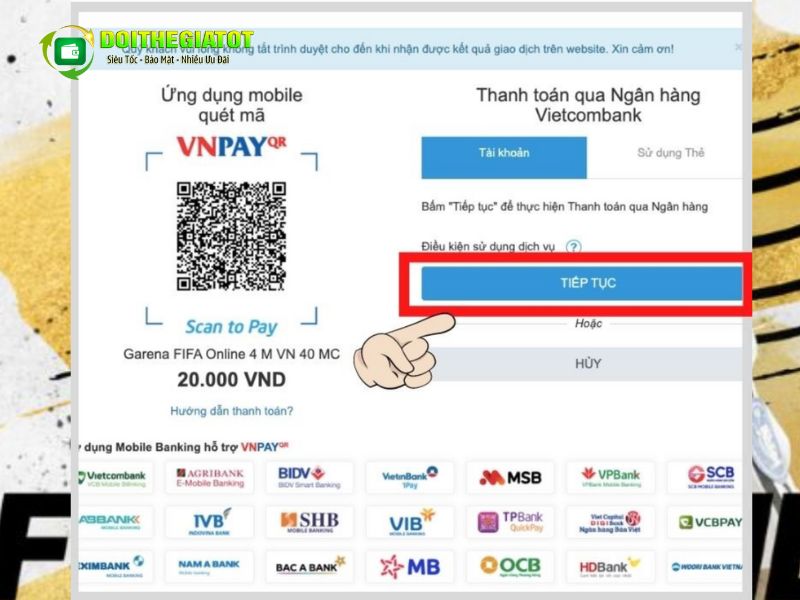 Bấm tiếp tục để chuyển sang ứng dụng ngân hàng bạn muốn 