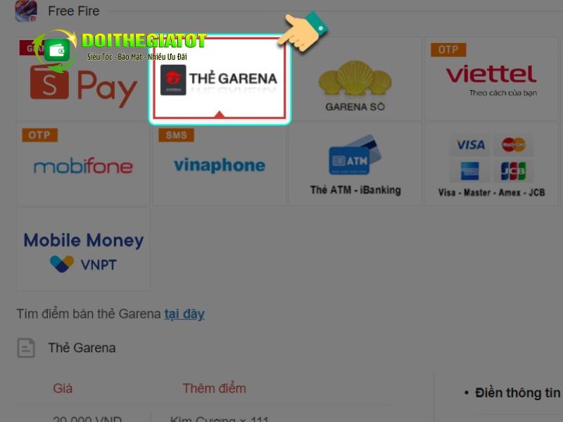 Chọn phương thức thanh toán là thẻ Garena