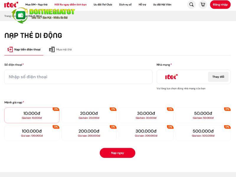 Cách nạp thẻ điện thoại iTel trên web rất đơn giản