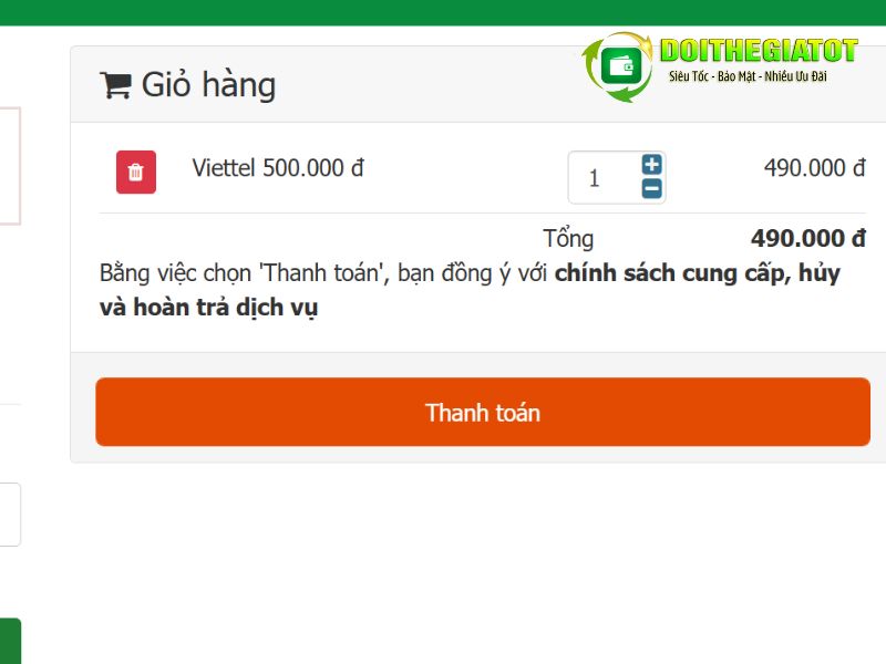 Chọn số lượng thẻ cào cần mua, bấm Thanh toán