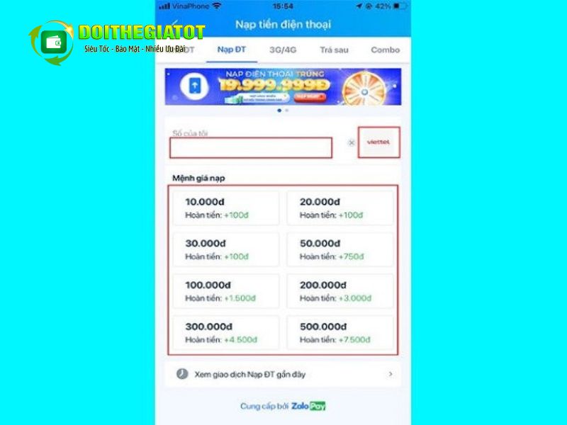 Nhập số điện thoại, chọn nhà mạng Viettel, chọn mệnh giá.