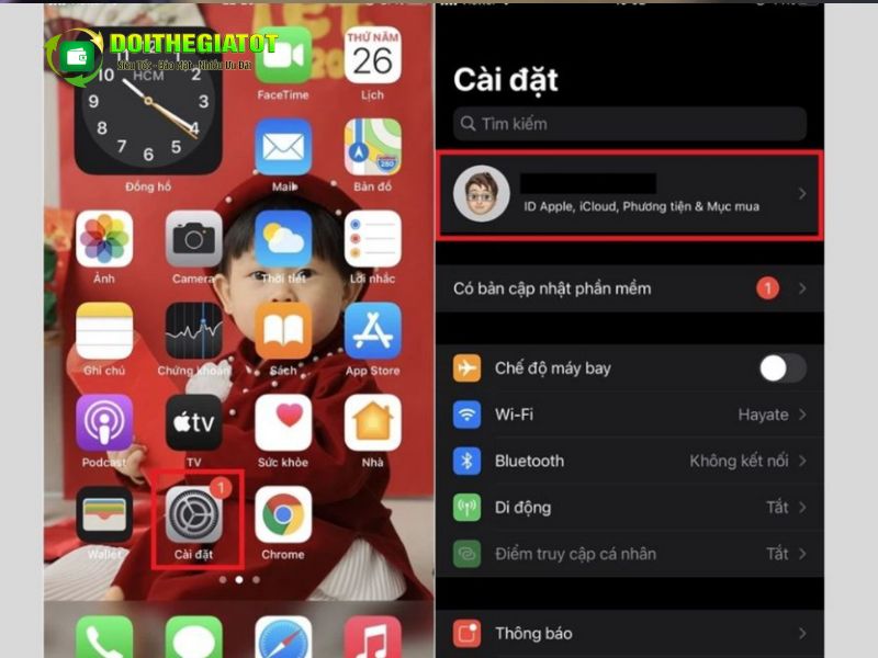 Vào mục Cài Dặt, chọn mua ID Apple