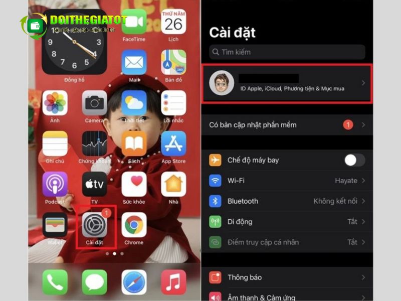 Chọn mục Apple ID ở trên cùng có Avatar