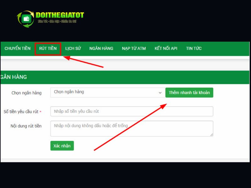 Chọn mục rút tiền để rút tiền về tài khoản ngân hàng
