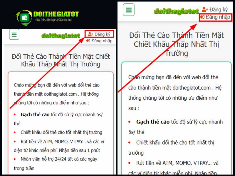 Vào trang chủ của Đổi Thẻ Giá Tốt để đăng ký tài khoản hoặc đăng nhập nếu đã có