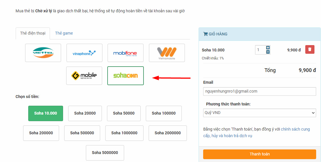 mua thẻ sohacoin