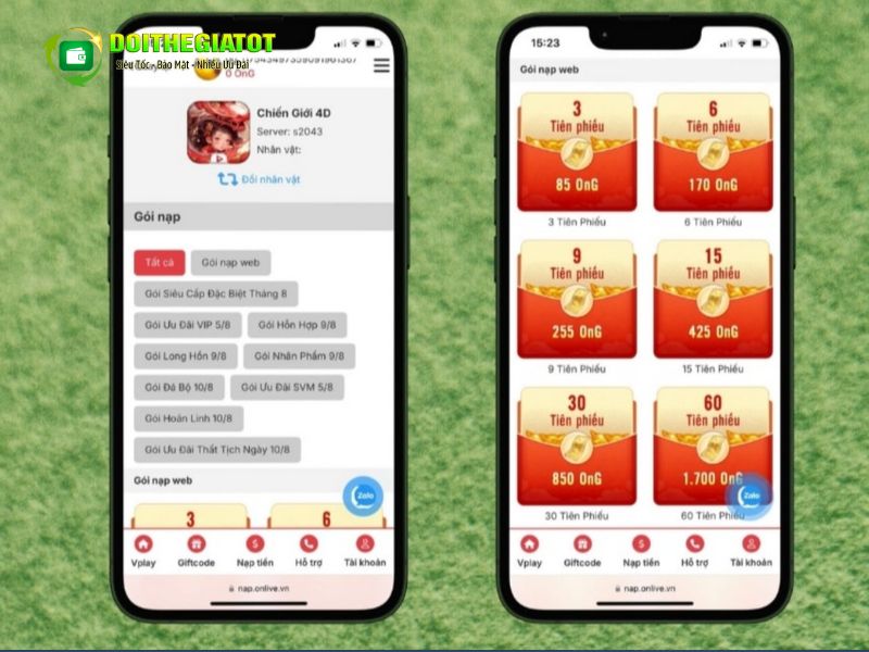 Trong web Vpay, chọn mục Nạp tiền bên dưới rồi chọn gói nạp