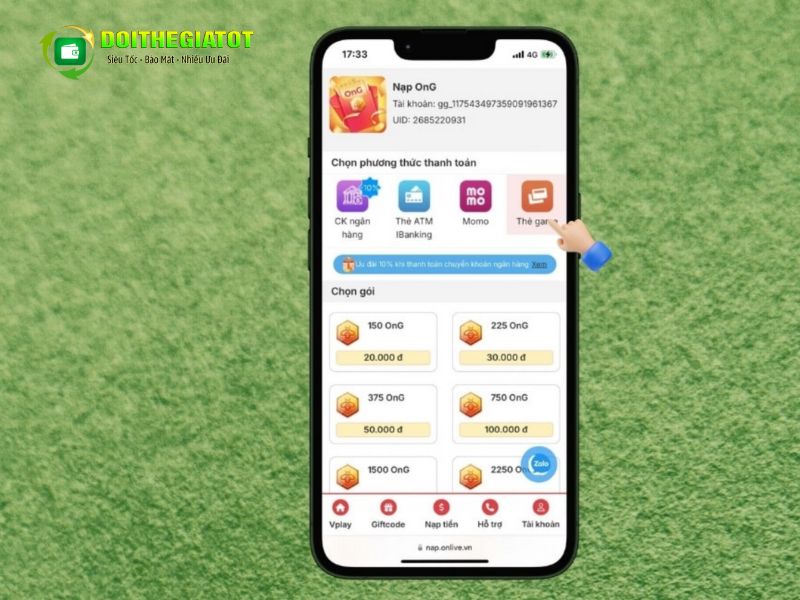 Tại trang chủ của Vpay, chọn nút Thẻ game