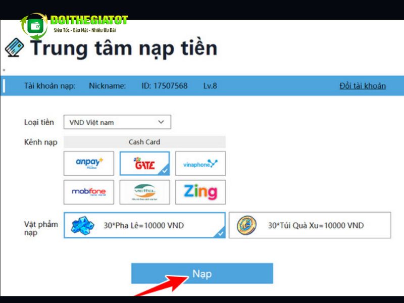 Chọn gói nạp và phương thức thanh toán