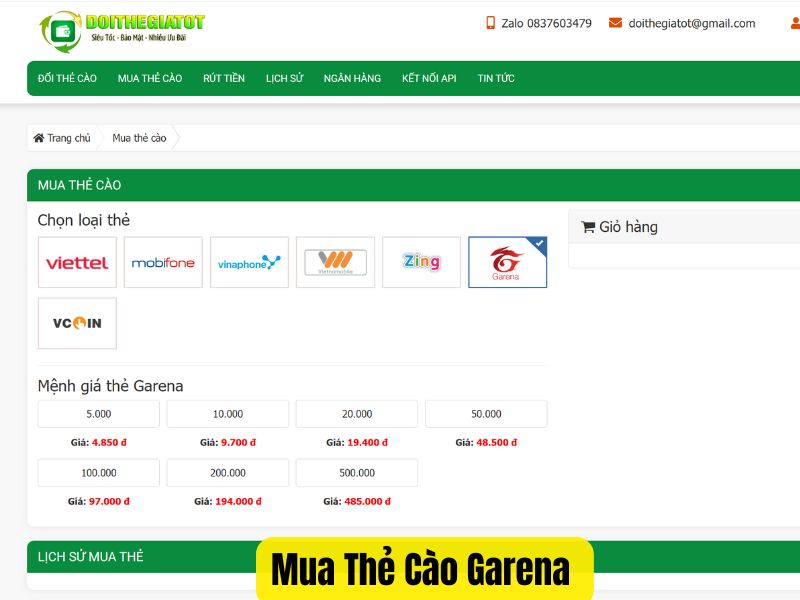 Trong mục Mua Thẻ Cào, chọn thẻ Garena và mua bằng số dư trên web