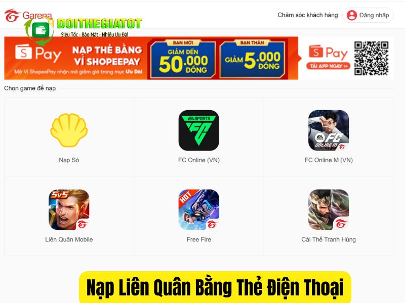 Nạp thẻ trên web nạp thẻ của Garena