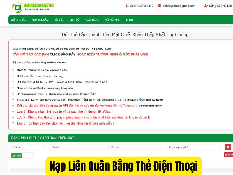 Truy cập Doithegiatot.com, đăng nhập và tiến hành đổi thẻ cào điện thoại