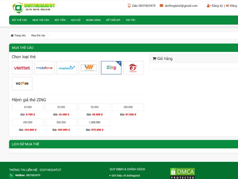Bạn có thể mua thẻ Zing trong mục Mua Thẻ Cào