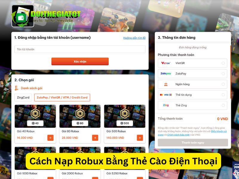 Nạp Robux qua cổng nạp thẻ của VNG bằng thẻ Zing hoặc các liên kết ngân hàng