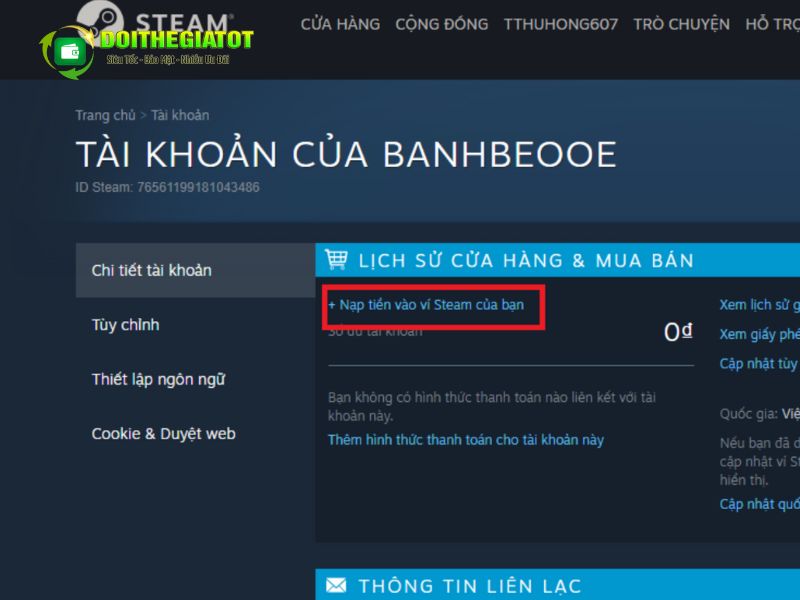 Chọn Nạp tiền vào ví Steam của bạn