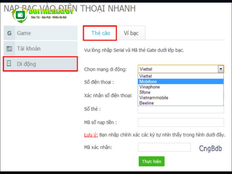 Chọn nạp bằng thẻ cào