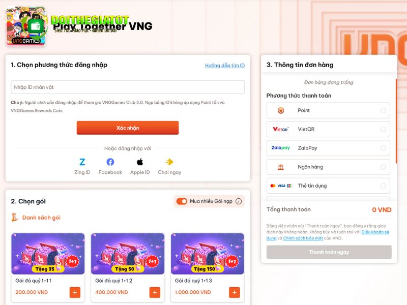 Chọn tựa game muốn nạp, điền ID nhân vật, chọn gói nạp và phương thức thanh toán
