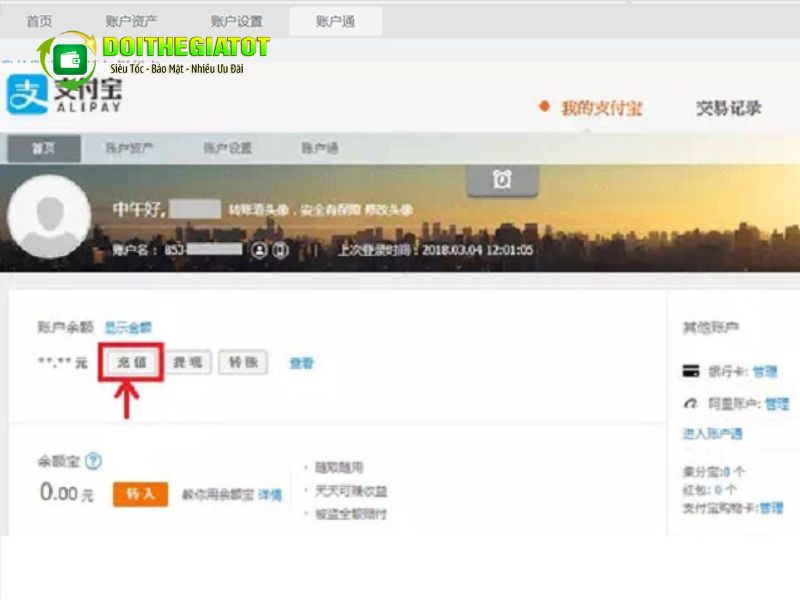 Vào trang chủ Alipay tiến hành đăng nhập tài khoản