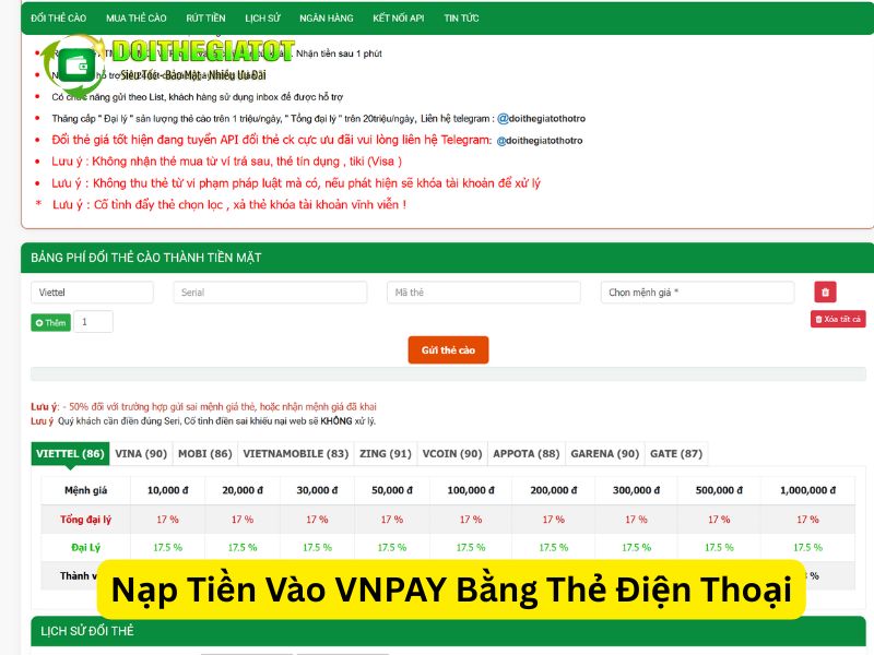 Đổi Thẻ Giá Tốt hỗ trợ khách hàng đổi thẻ điện thoại thành tiền để nạp vào VNPAY