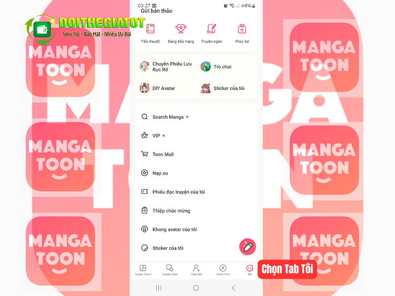 Vào ứng dụng Mangatoon, đăng nhập và chọn tab Tôi ở góc dưới bên phải