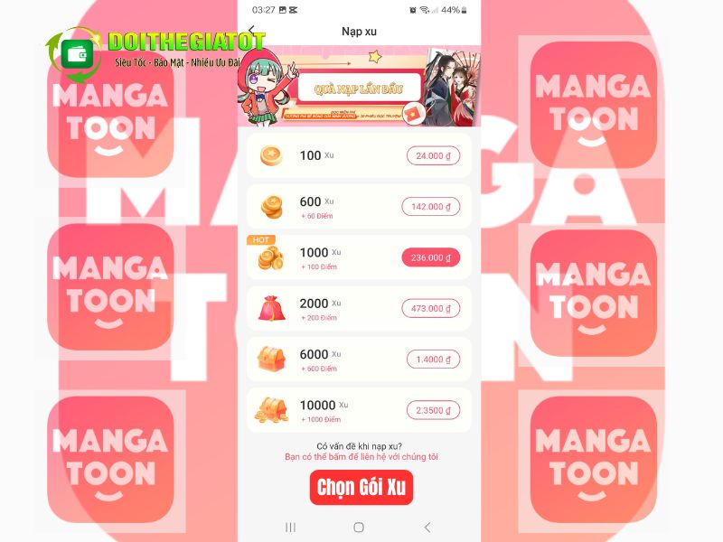 Bảng giá nạp xu Mangatoon quy đổi bằng VNĐ