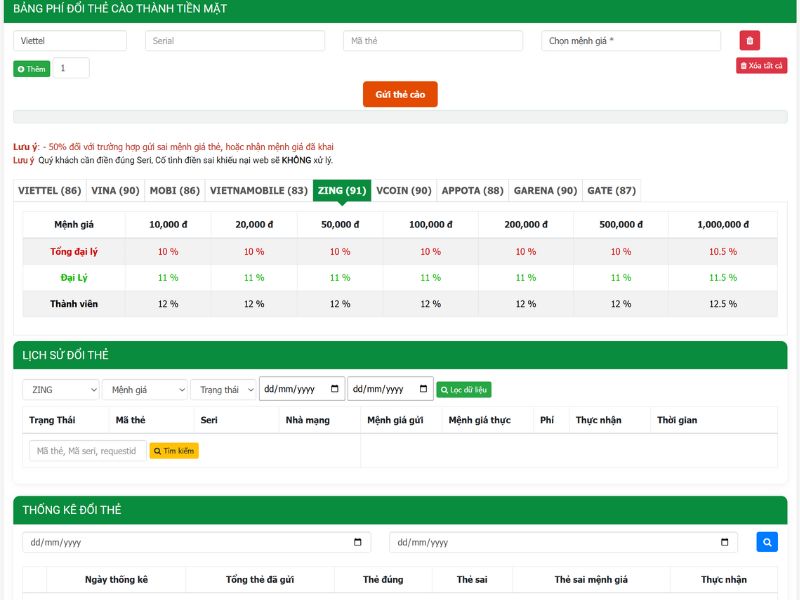 Đổi thẻ Zing ở mục đổi thẻ trên web Doithegiatot.com